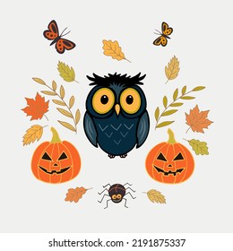 Halloween owl with orange pumpkins and autumn leaves hand drawn vector illustration