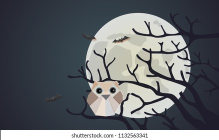 Halloween owl origami design with bats and full moon,vector illustration.