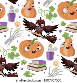 HALLOWEEN OWL Kürbis Flaches Design Funny Cartoon Hand gezeichnet nahtlose Muster Vektorgrafik für den Druck