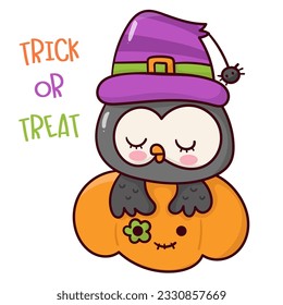 Halloween owl and pumpkin jack o lantern Cute animal cartoon character (Kawaii vector). Trick or treat kids. Perfect make a wish for background, card, pattern, nursery wall and shirt design.