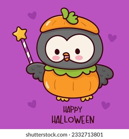 Halloween owl pumpkin jack o lantern costume and magic wand Cute animal cartoon character (Kawaii vector). Trick or treat kids. Perfect make a wish for background, card, pattern, nursery wall.