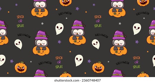 Halloween owl with pumpkin jack o lantern and ghost. Kawaii background (Seamless pattern) Cute animal cartoon character. Trick or treat kids. Perfect make a wish for wrapping paper, card, wallpaper.