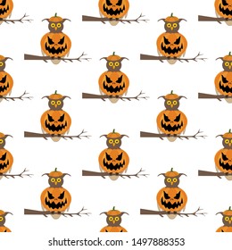 Halloween owl pumpkin seamless pattern on the white background. Vector illustration