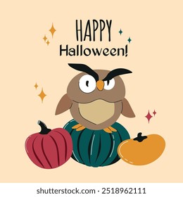 Halloween owl with pumpkins poster, banner, greeting card, invitation illustration