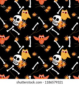 Halloween owl and skull seamless pattern. Horror Halloween concept.