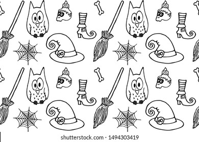 Halloween owl, skull, witch hat, spider web and bones, black line on an isolated background pattern vector illustration for design and decoration