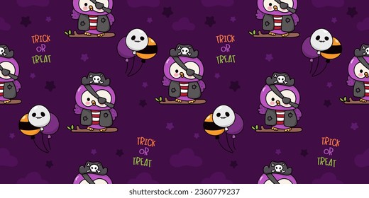 Halloween owl with spooky balloon. Kawaii background (Seamless pattern) Cute animal cartoon character. Trick or treat kids. Perfect make a wish for wrapping paper, card, wallpaper, nursery wall.