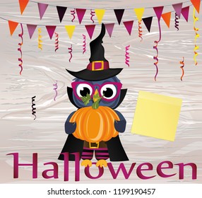 Halloween. Owl in a suit holds a pumpkin. Greeting card or invitation for a holiday. Empty place for your text or advertisement. Vector on wooden background. Yellow sheet of paper for notes. Sticker.