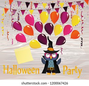 Halloween. The owl in the suit throws lot balloons into the air. Yellow sheet of paper for notes. Sticker. Greeting card or invitation for holiday. Carnival with flags Garlands. Vector on wooden back