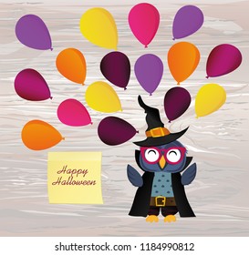 Halloween. The owl in the suit throws a lot of traditional balloons into the air. Greeting card for holiday. Copy space for your text. Vector on wooden back.  Yellow sheet of paper for notes. Sticker
