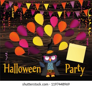 Halloween. The owl in the suit throws a lot of traditional balloons into the air. Greeting card or invitation for a holiday. Vector on wooden background. Yellow sheet of paper for notes. Sticker.