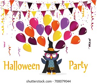 Halloween. The owl in the suit throws a lot of traditional balloons into the air. Greeting card or invitation for a holiday. Carnival with flags Garlands.. Vector.