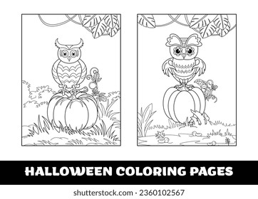 Halloween Owl and umpkin coloring pages for kids. Pumpkin themed outlined for coloring page on white background..