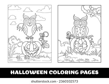 Halloween Owl and umpkin coloring pages for kids. Pumpkin themed outlined for coloring page on white background..