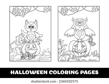 Halloween Owl and umpkin coloring pages for kids. Pumpkin themed outlined for coloring page on white background..