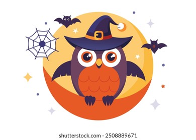 Coruja de Halloween usando um boné de Halloween senta-se em uma meia lua laranja