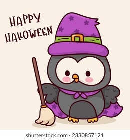 Halloween owl witch broom Cute animal cartoon character (Kawaii vector). Trick or treat kids. Perfect make a wish for background, card, pattern, nursery wall and shirt design.