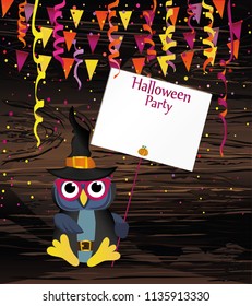 Halloween. Owl in a witch hat with an invitation to a party. Empty place for text. Vector illustration. Poster on wooden background.