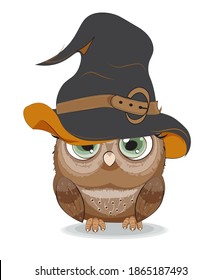 Halloween owl in witch hat, picture in hand drawing cartoon style, for t-shirt wear fashion print design, greeting card, postcard. baby shower. party invitation.