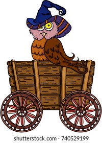 Halloween owl in wooden trolley