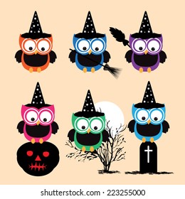 Halloween Owls Set. vector