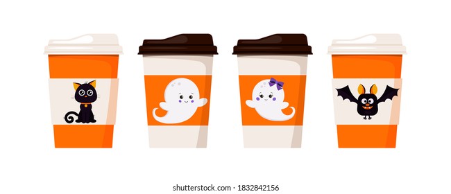 Halloween pack coffee or tea cups decorated with cute characters - black cat, bat, ghots boy and girl llustration isolated on white background. Vector flat halloween design coffe to go cups set.