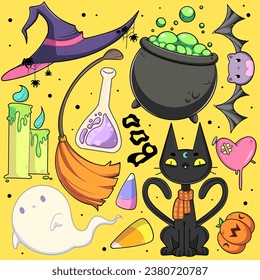 halloween pack with different cute but scary things such as little pumpkin, zombie-candle, witch hat, black cat, ghost and other 
