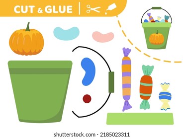 Halloween pail or basket with sweets. Cut and glue. Applique. Paper education game. Flat, cartoon. Isolated vector illustration eps 10