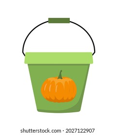 Halloween pail with candies, sweets, candy corn, jelly beans and bonbons. Trick or treat green bucket with orange pumpkin isolated vector stock illustration EPS 10 on white background.