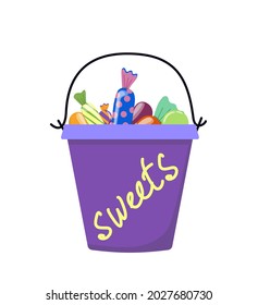 Halloween pail with candies, sweets, candy corn, jelly beans and bonbons. Trick or treat purple bucket  isolated vector stock illustration EPS 10 on white background.