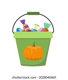 Halloween pail with candies, sweets, candy corn, jelly beans and bonbons. Trick or treat green bucket with orange pumpkin isolated vector stock illustration EPS 10 on white background.