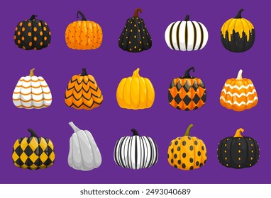 Halloween painted pumpkins with holiday ornament pattern for horror night vector decoration. Halloween spooky holiday different pumpkins with orange dots, white stripes and black waves ornament