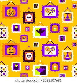 Halloween Paintings Seamless Pattern. Vector Illustration of Flat Style Background. Trick or Treat Texture. Scary Party Concept. Horror Holiday. Museum Exhhibition.