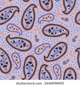 Halloween Paisleys em laranja roxo e preto em um design não direcional Tossed criando uma impressão padrão sem costura
