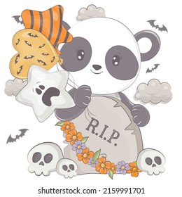 Panda de Halloween con calaveras de dibujos animados. Ilustración vectorial del animal de Halloween. Pequeña ilustración de Halloween: oso para niños, cuentos de hadas, cubiertas, ducha de bebé, camiseta textil, libro de bebés.