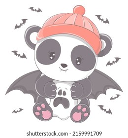 Panda de Halloween con un fantasma. Ilustración vectorial del animal de Halloween. Pequeña ilustración de Halloween: oso para niños, cuentos de hadas, cubiertas, ducha de bebé, camiseta textil, libro de bebés.