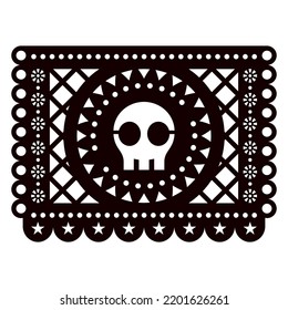 Halloween Papel Picado decoration with skull, Mexican party vector design, traditional paper cutout background. Fiesta spooky calavera decor in black on white inspired by folk art from Mexico
  
  
