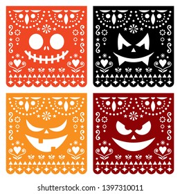 Halloween Papel Picado design with pumpkin scary faces, Mexican paper cut out pattern collection - Dia de Los Muertos, Day of the Dead. Papel Picado geometric decoration set, traditional  ornament