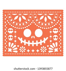 Halloween Papel Picado design with skulls and pumpkin scary face, Mexican paper cut out pattern - Dia de Los Muertos, Day of the Dead. 
Papel Picado orange geometric decoration, traditional ornaments 