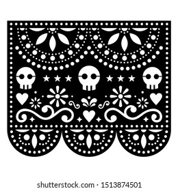 Halloween Papel Picado design with skulls, Mexican paper cut out pattern - Dia de Los Muertos, Day of the Dead celebration. Papel Picado black geometric decoration set, traditional party paper garland