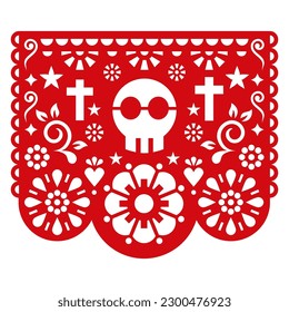 Halloween Papel Picado vector design with skull, flowers and crosses, Mexican paper cutout decoration - party garland. Fiesta calavera decor in red on white inspired by traditional decor from Mexico
 