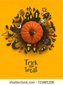 Halloween Paper art banner with cartoon silhouettes around realistic Pumpkin. Vector illustration. Paper cut holiday design with hand lettering greetings. Retro style poster. Trick or Treat