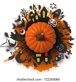 Halloween Paper art banner with cartoon silhouettes around realistic Pumpkin on splash background. Vector illustration. Paper cut holiday design with hand lettering greetings. Retro style card