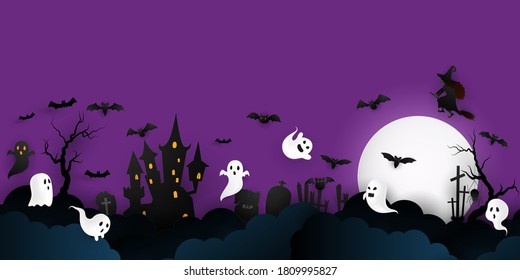 Halloween Paper art Party poster. Set pumpkins of Collection Scary and funny Carnival Background concept design