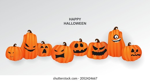 Halloween Paper art Party poster. Set pumpkins of Collection Scary and funny Carnival Background concept design