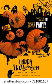 Halloween Paper art Party poster. Cartoon silhouettes on blot background with realistic Pumpkins. Vector illustration. Paper cut holiday design with hand lettering greetings. Retro style