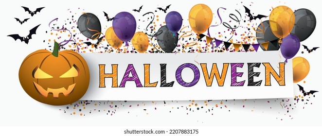 Halloween paper banner with colored balloons and confetti. Eps 10 vector file.