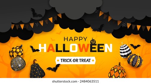 Anuncio de corte de papel de Halloween con nubes negras, calabazas estampadas y guirnalda de banderín, Vector de dibujos animados. Feliz Navidad de Halloween y truco o Anuncio de fiesta con calabazas y murciélagos cortados en papel