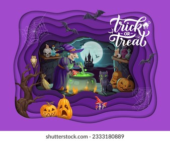 Halloween paper cut banner. Cartoon witch and cave with magic potion and pumpkins. Vector holiday papercut double exposition design with 3d effect frame, old hag with cauldron, cat and night castle