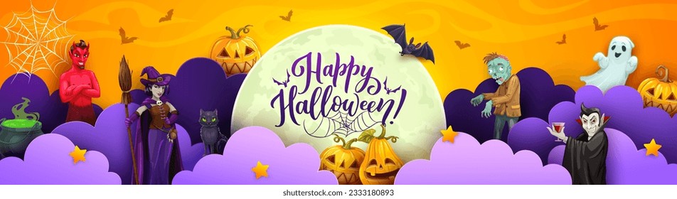 Halloween paper cut banner with cartoon characters. Vector design with 3d papercut clouds, ghost, zombie, vampire, witch, devil and pumpkin black cat, bats and full moon at night orange sky with stars